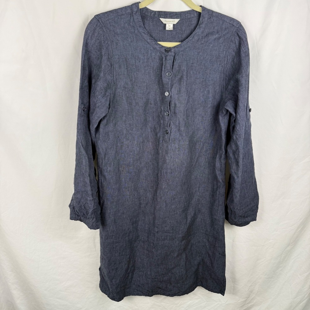 Garnet Hill Blue Linen Chambray Long Sleeve Shirt Dress Sz 8 Coastal Minimal